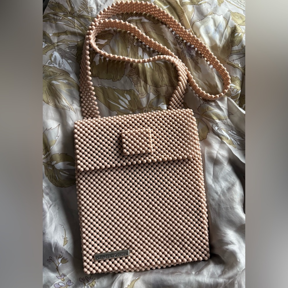 Beaded Crossbody Bag in Light Blush Pink with Fold-Over Flap